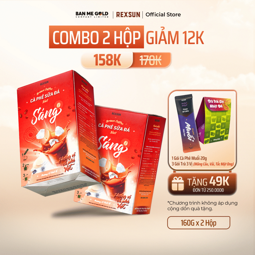 [COMBO TIẾT KIỆM] 2 Hộp Cà Phê Sữa Đá Truyền Thống 3in1 Tiện Lợi - Cafe Sữa Đá Hòa Tan Chính Hãng Ban Me Gold - Rexsun