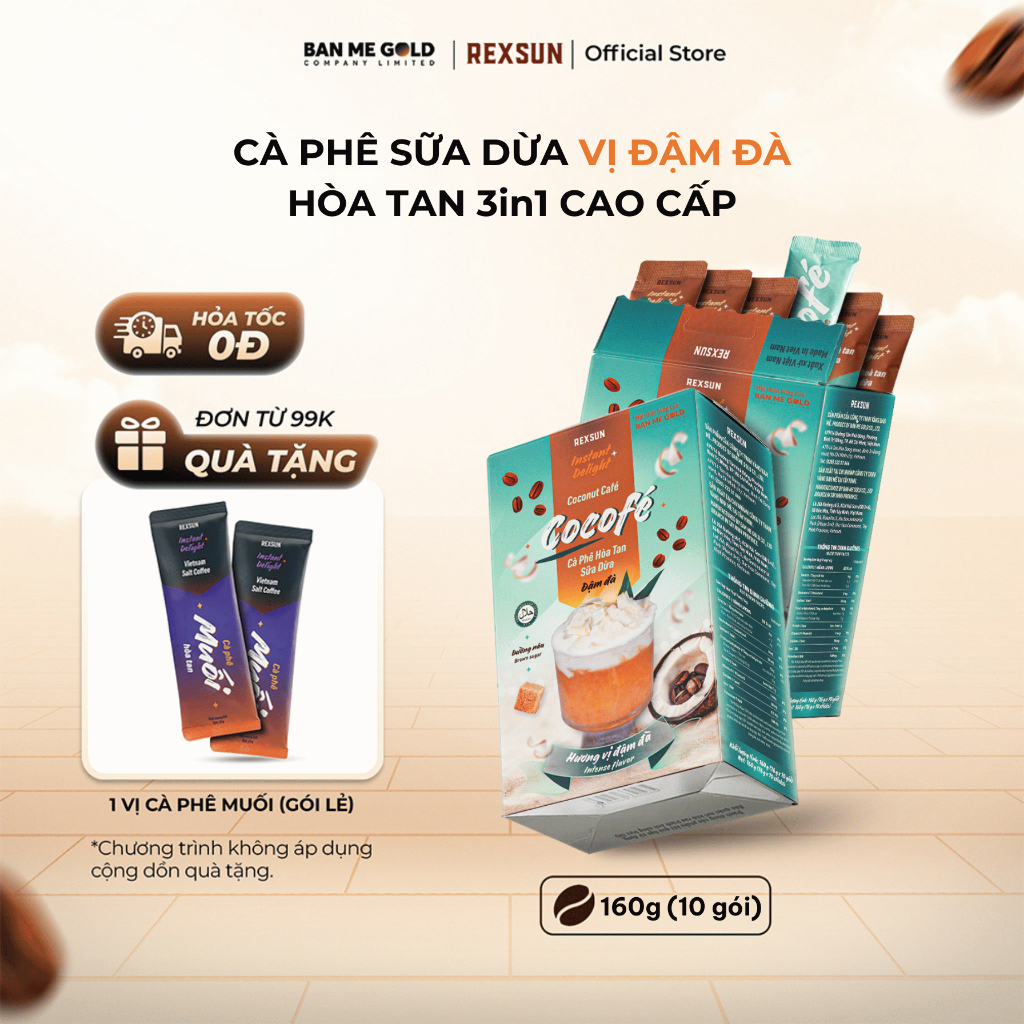 Cà Phê Sữa Dừa Cocofe Vị ĐẬM ĐÀ  - Hộp 160g (10 gói) - Cafe Hòa Tan Coconut Coffee - Cà Phê Cốt Dừa Hoà Tan Ban Me Gold