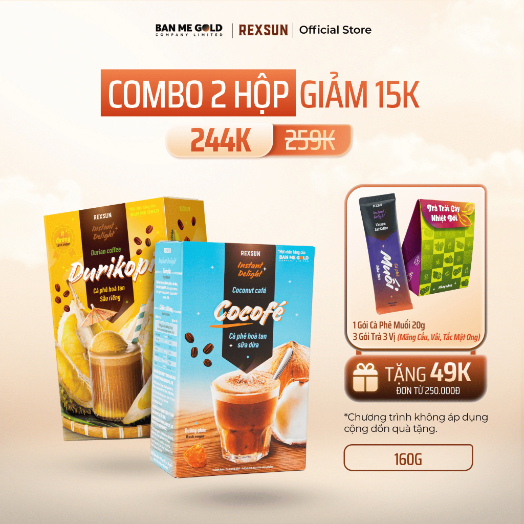 [COMBO] 2 Hộp Cà Phê Sầu Riêng x Cà Phê Sữa Dừa Cocofe (2x160g) Cà Phê Hòa Tan Đường Phèn Thơm Béo Ngọt Dịu Ban Me Gold