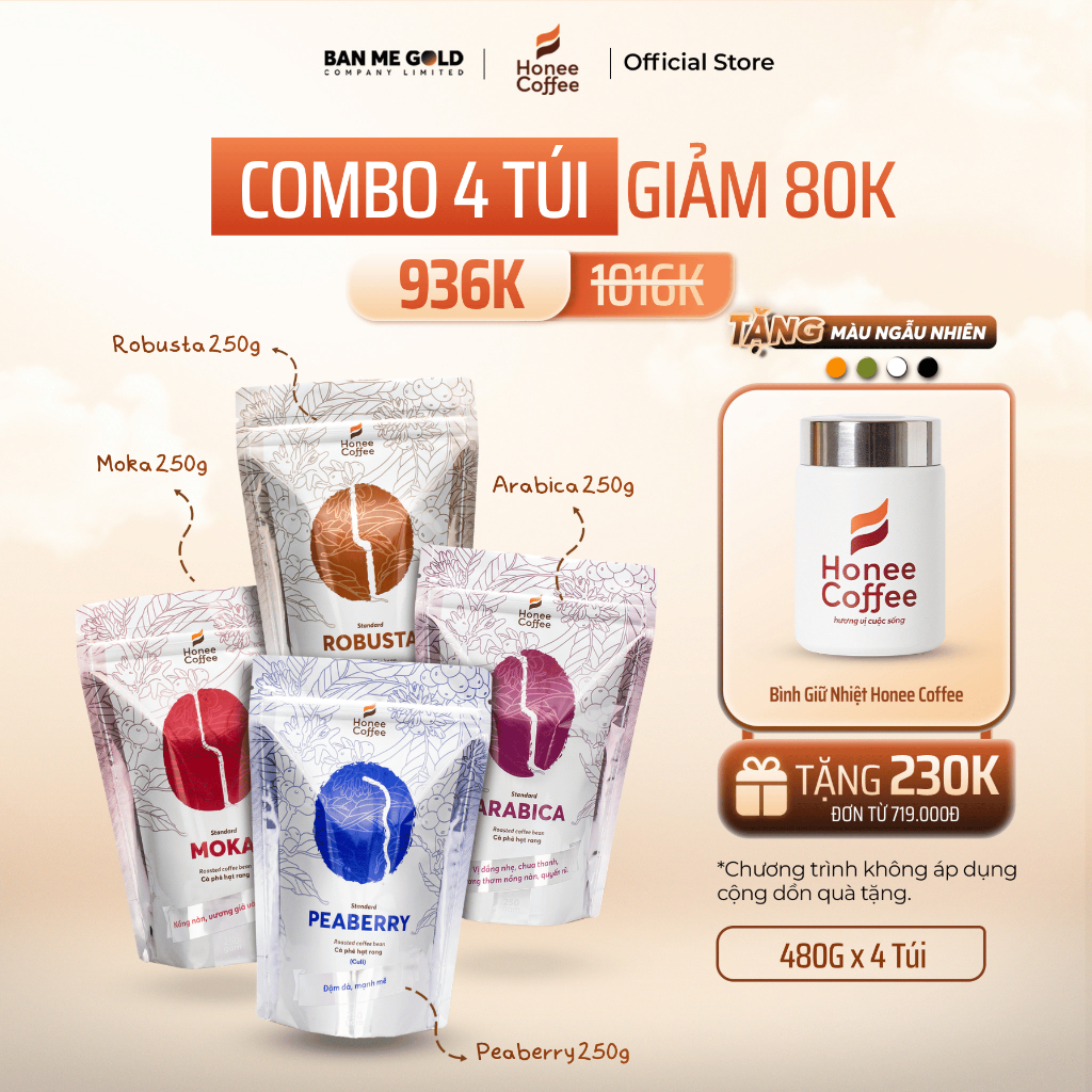 [TẶNG BÌNH] COMBO 4 Túi Cà Phê Nguyên Chất 100% Arabica/Robusta/Culi/Moka (250gr) Chính Hãng Ban Me Gold - Honee Coffee