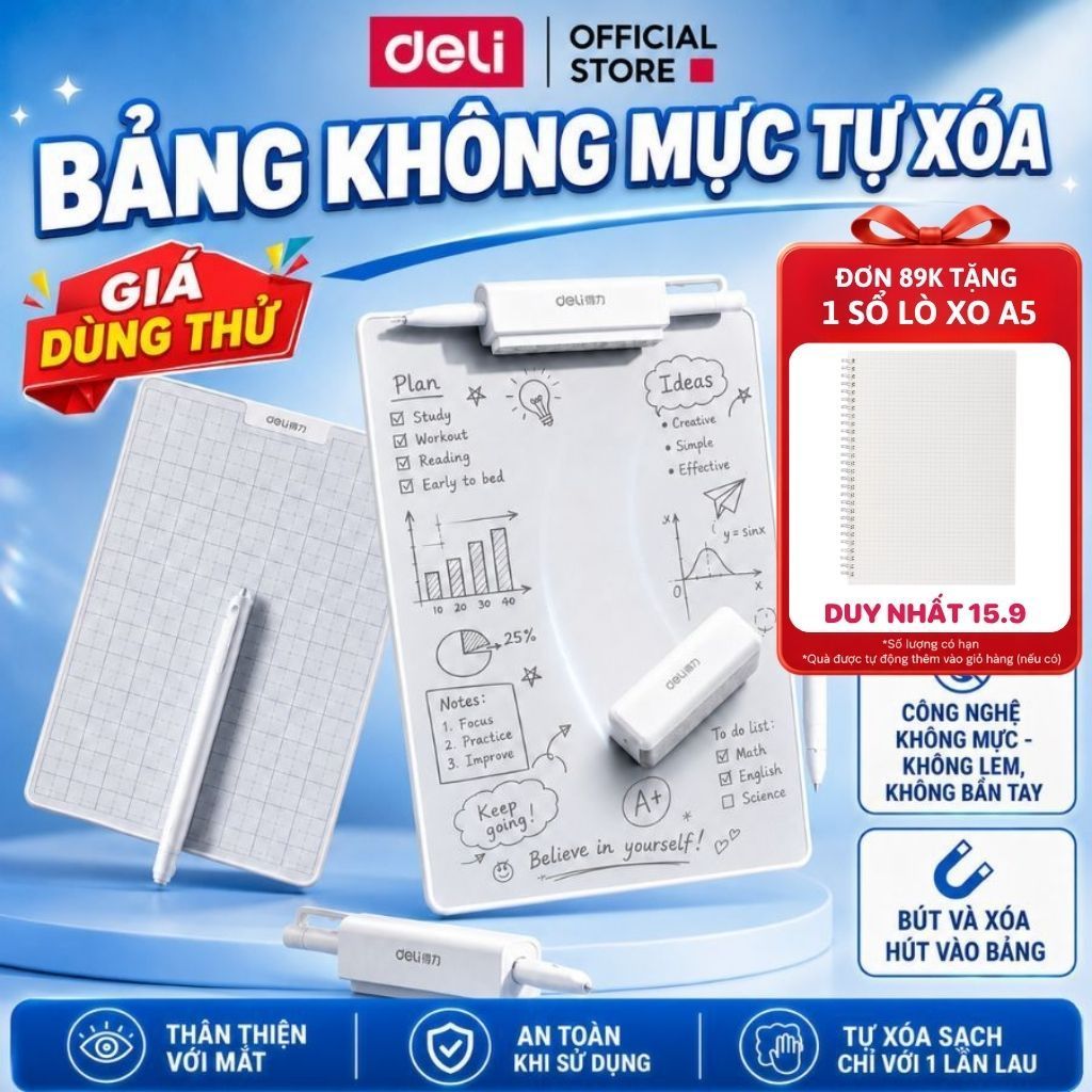 Bảng Tự Xóa Không Mực Deli - Bảng Trơn/ Ô Ly Màn Hình Nhám Kèm Bút Ngòi 0.65mm, Bảo Vệ Mắt