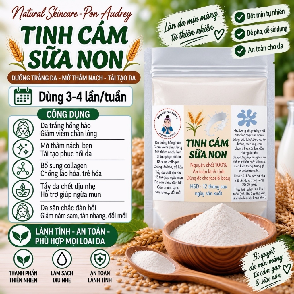 Bột Cám Gạo Sữa Non Nguyên Chất Dưỡng Trắng Mịn Da, Mờ Thâm Mụn Nám, Tẩy Da Chết Face Body