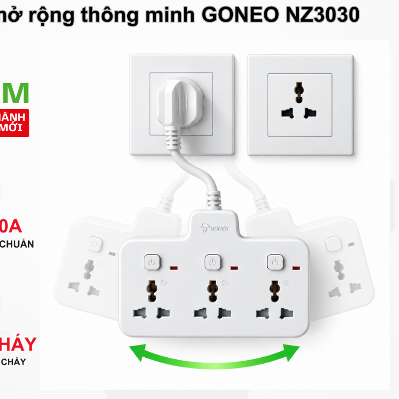 Ổ điện mở rộng 1 thành 3 thông minh GONEO NZ3030; chống cháy, an toàn điện