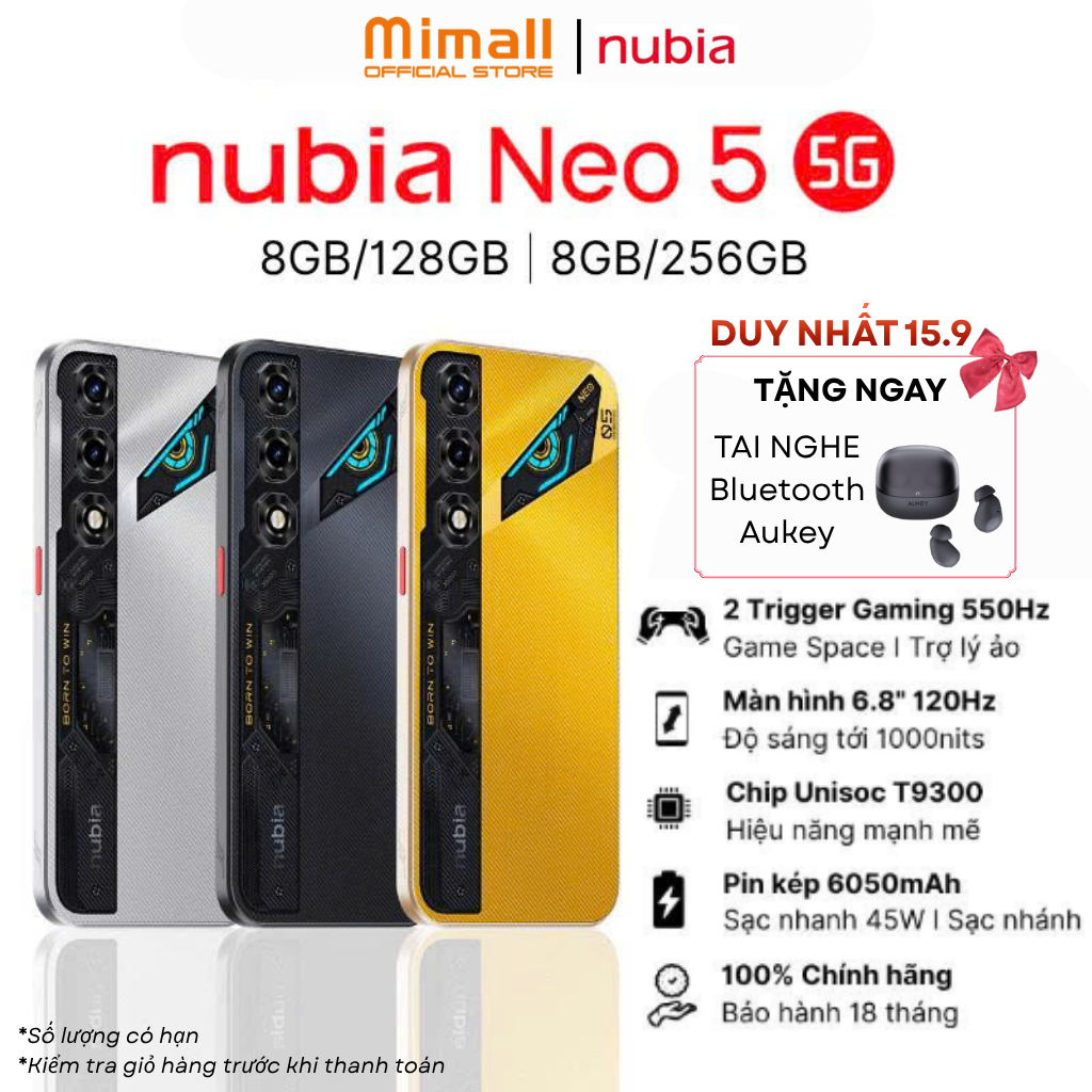 Điện thoại gaming Nubia Neo 5 5G I Chip Unisoc T9300 I Pin Kép 6050mAh sạc 45W I 2 Triggers Gaming - Bảo hành 18 tháng