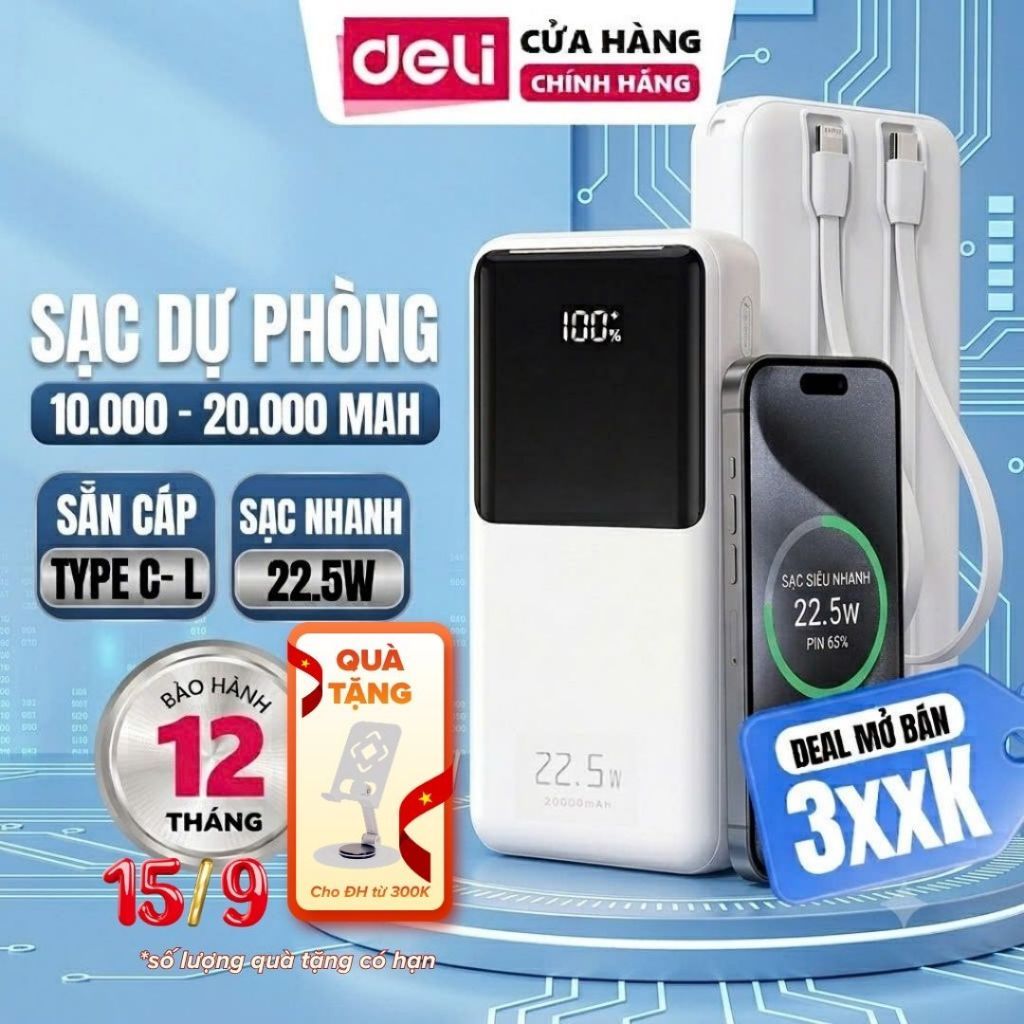 [🔥TẶNG GIÁ ĐỠ] Sạc Dự Phòng 20000mAh/10000mAh DELI PD20W Sạc Nhanh 22.5W cho điện thoại Android cổng USB Type C
