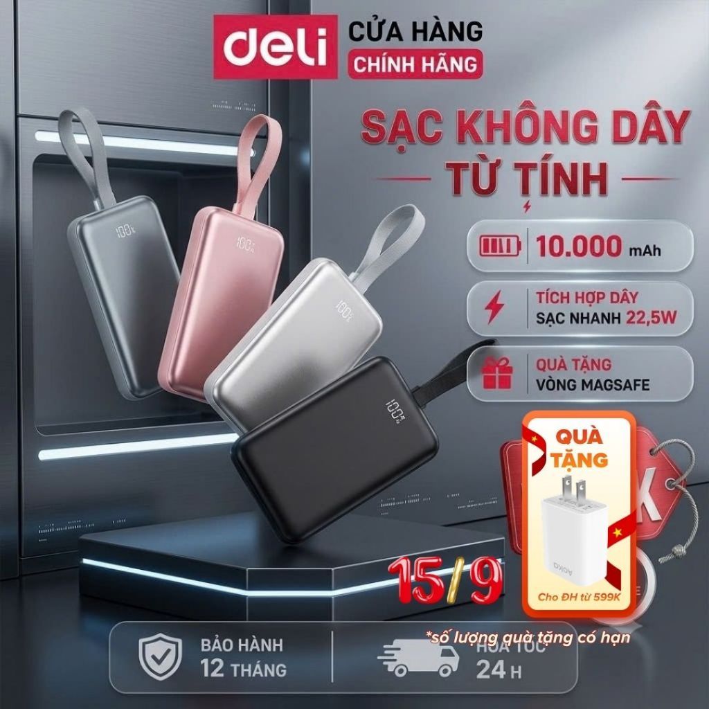 [🔥TẶNG CỦ SẠC] Sạc Dự Phòng Không Dây Sạc Nhanh 22,5W DELI 10000mAh Pin Sạc Dự Phòng Từ Tính Cho Đồng Hồ Điện Thoại