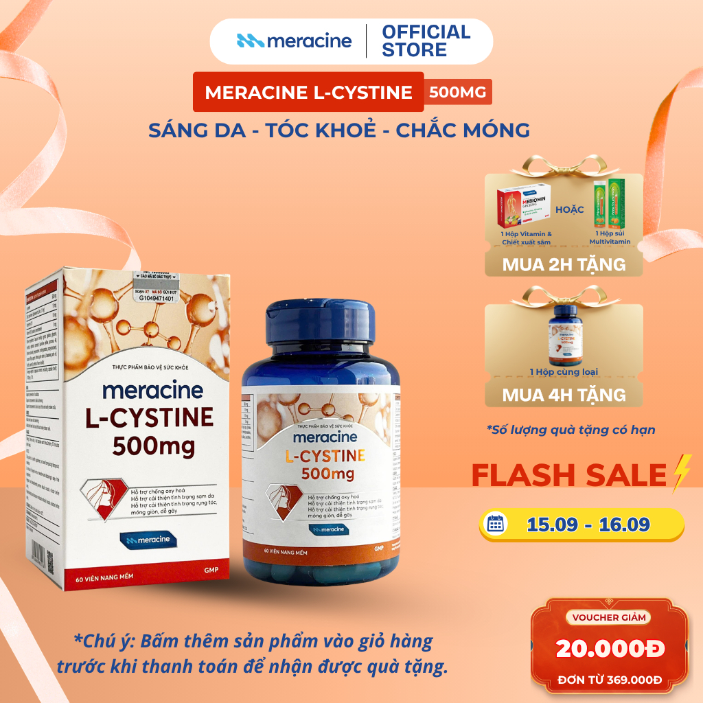 Viên uống Meracine L-Cystine 500mg giúp sáng da, hỗ trợ giảm nám, giảm rụng tóc và gãy móng (Lọ 60V))