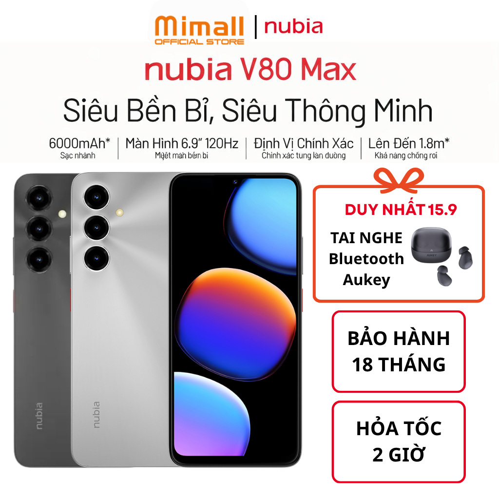[Mới] Điện thoại di động Nubia V80 Max I Pin 6000mAh I Màn hình 6.9" 120Hz I Hỗ trợ NFC I Bảo hành chính hãng 18 tháng