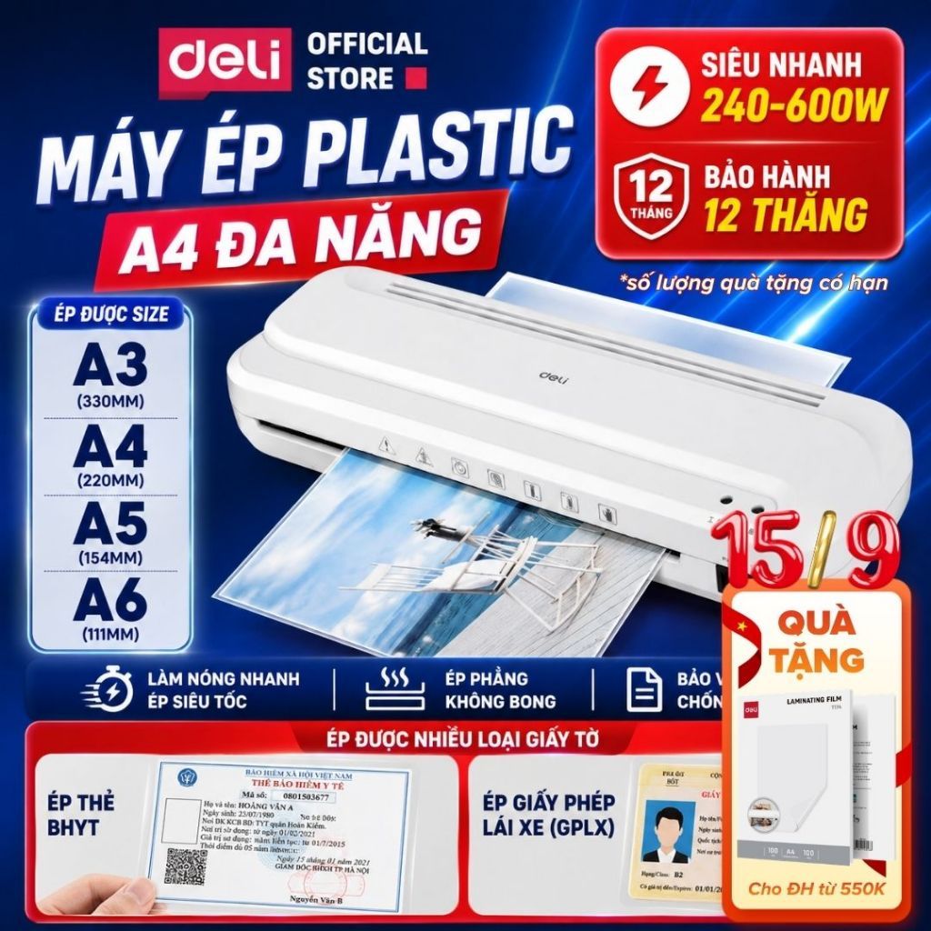 [🔥TẶNG MÀNG ÉP] Máy Ép Plastic Chính Hãng DELI - Máy Ép Nhiệt, Cán Màng Ảnh Công Suất Cao  An Toàn Dễ Sử Dụng