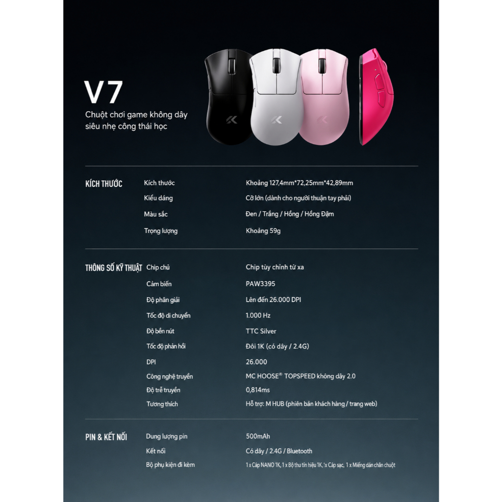 [Hỏa Tốc] Chuột Gaming Mchose V7 Công Thái Học Paw3395 Không Dây Siêu Nhẹ 59g | BigBuy360 - bigbuy360.vn