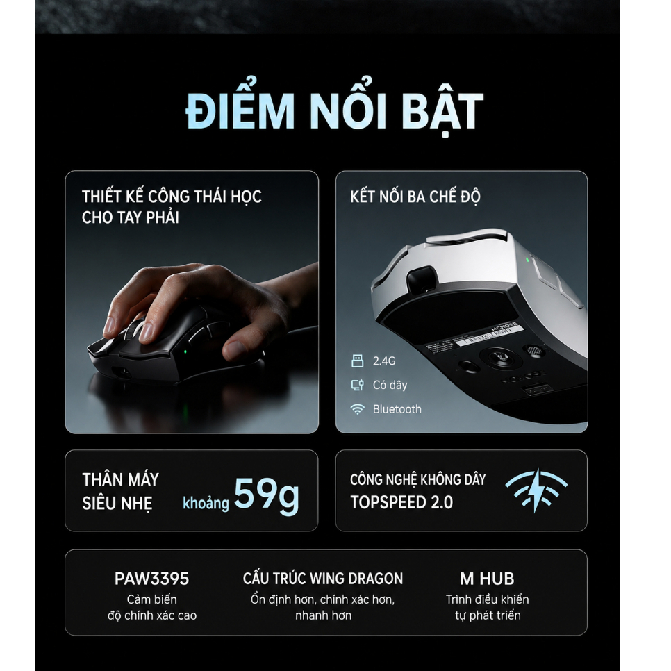 [Hỏa Tốc] Chuột Gaming Mchose V7 Công Thái Học Paw3395 Không Dây Siêu Nhẹ 59g | BigBuy360 - bigbuy360.vn
