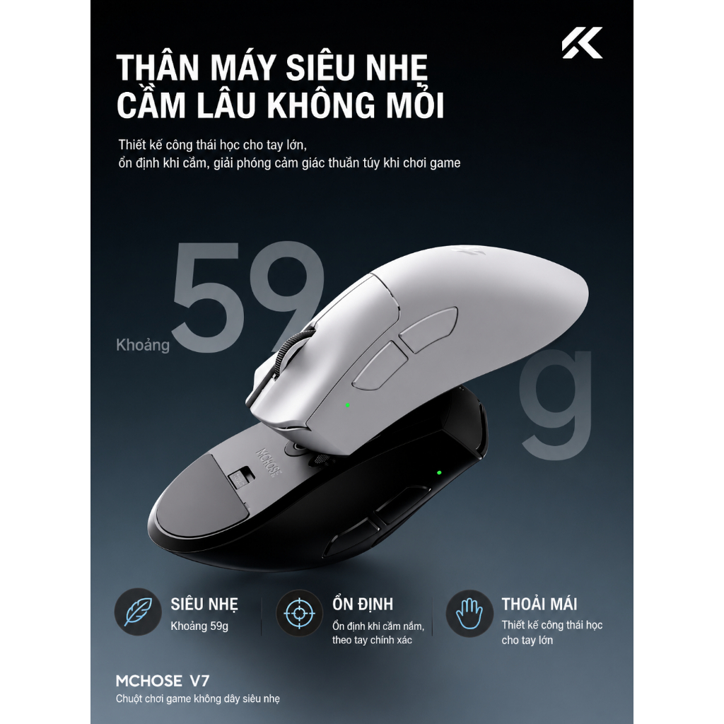 [Hỏa Tốc] Chuột Gaming Mchose V7 Công Thái Học Paw3395 Không Dây Siêu Nhẹ 59g | BigBuy360 - bigbuy360.vn