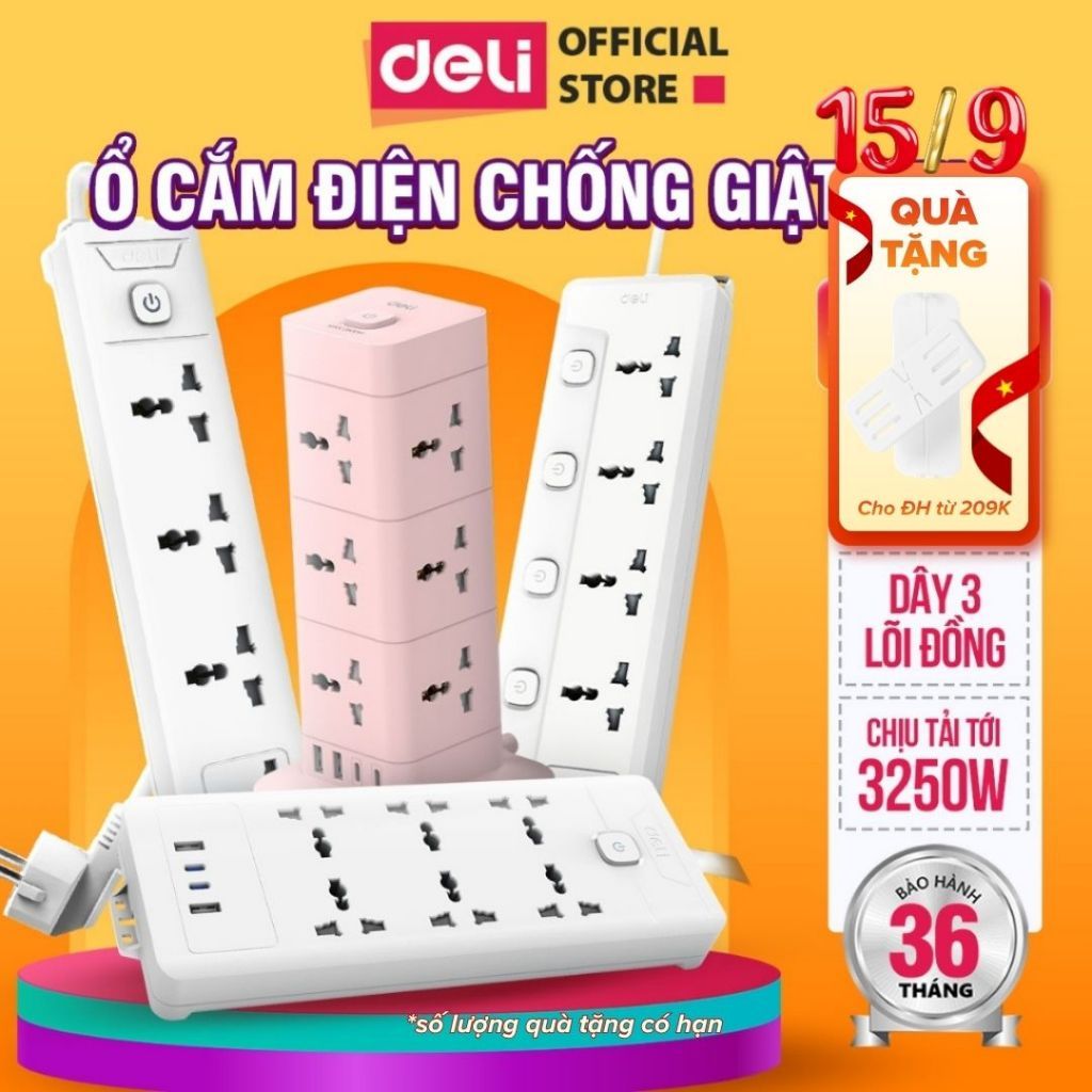 [HỎA TỐC] Ổ Cắm Điện DELI Sạc NhanhPD20W Tích Hợp USB - Ổ Điện Đa Năng 2500W An Toàn Có Cầu Chì