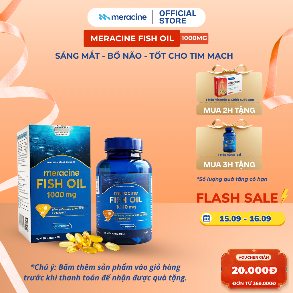 Viên dầu cá Omega 3 - Meracine Fish Oil hỗ trợ sáng mắt, bổ não, tốt cho tim mạch (hộp 90 viên)