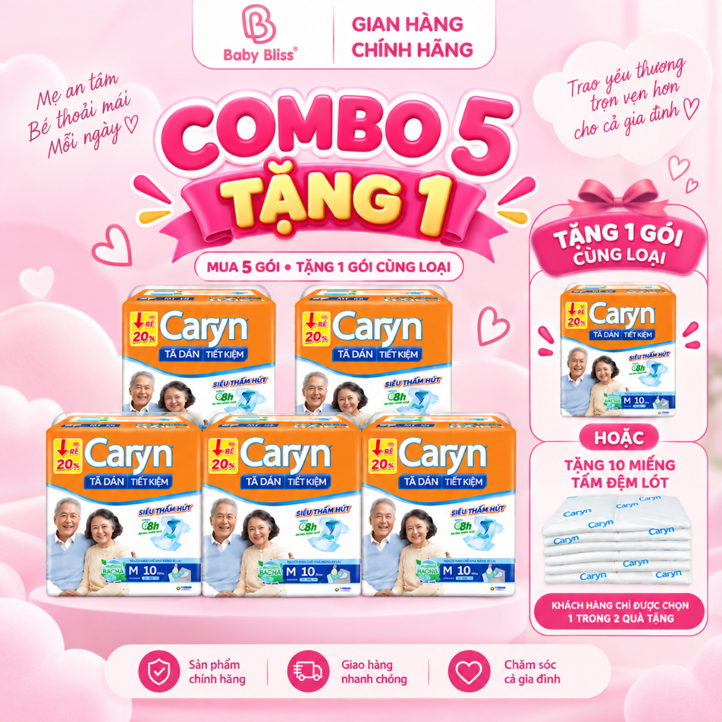 [COMBO 5 TẶNG 1] Tã Dán người lớn Caryn tiết kiệm chính hãng M10/L10/XL10/M18/L18/XL18