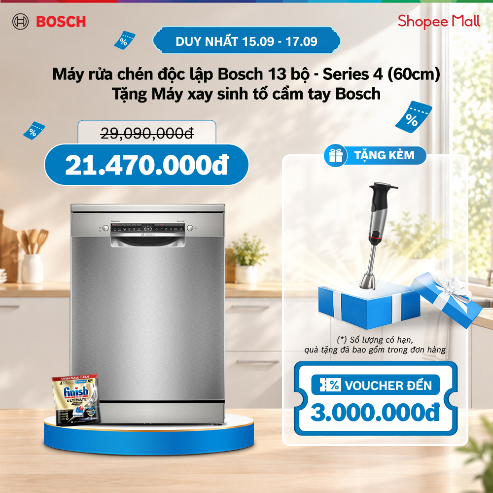 15.09 - 17.09 | TẶNG KÈM - Máy xay sinh tố cầm tay Bosch | Máy rửa chén độc lập Bosch 13 bộ - Series 4 (60cm)