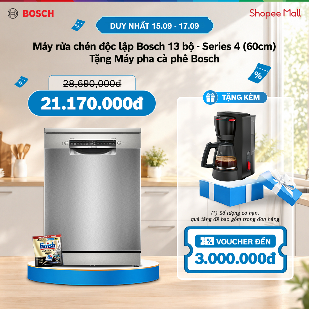 NGÀY THƯƠNG HIỆU - DUY NHẤT 23.9 | TẶNG KÈM - Máy pha cà phê Bosch | Máy rửa chén độc lập Bosch 13 bộ - Series 4 (60cm)