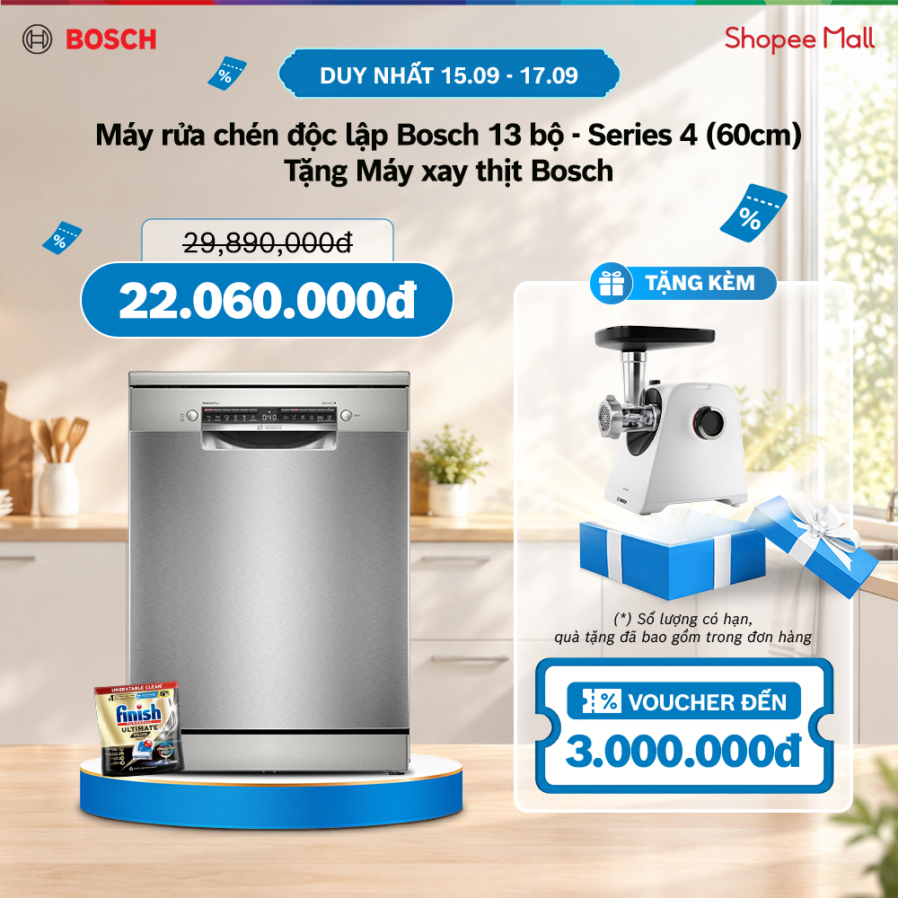 15.09 - 17.09 | TẶNG KÈM - Máy xay thịt Bosch | Máy rửa chén độc lập Bosch 13 bộ - Series 4 (60cm)