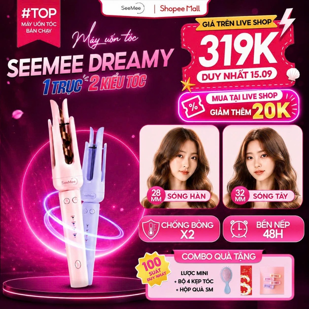 [GIÁ 291K TẠI LIVE SHOP] Máy Uốn Tóc Tự Động Seemee trục đa năng 28mm 32mm chất liệu gốm sứ bảo vệ tóc bản 2025, LIS