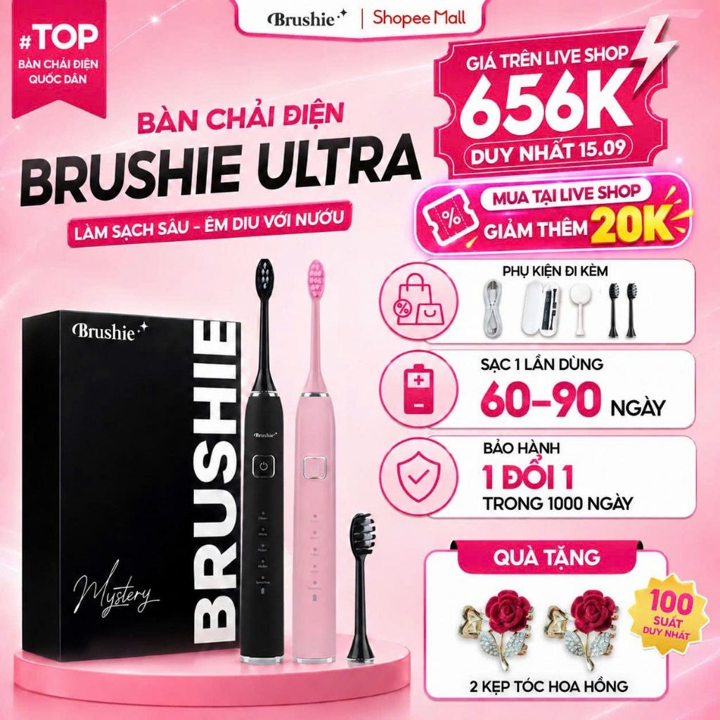 [GIÁ 540K LIVE SHOP] Bàn Chải Điện Brushie Ultra Plus Lông Mềm Mại An Toàn, Làm Sạch Mảng Bám, Tích Hợp Máy Rửa Mặt, LIS