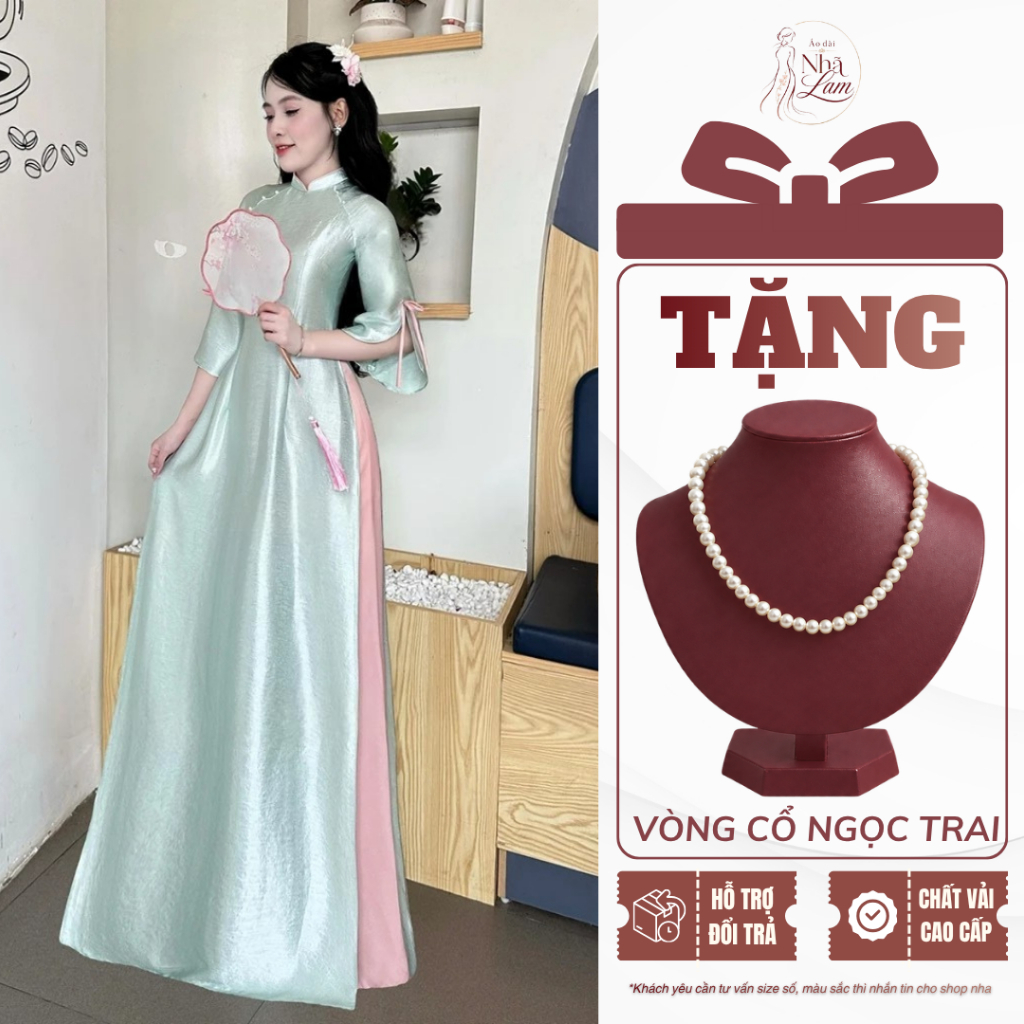 Áo Dài Cách Tân Nguyệt Nga - Chất Liệu Lụa Titan Ánh Gương, Cổ Tay Đính Nơ, Xẻ Tay - Áo Dài NHÃ LAM