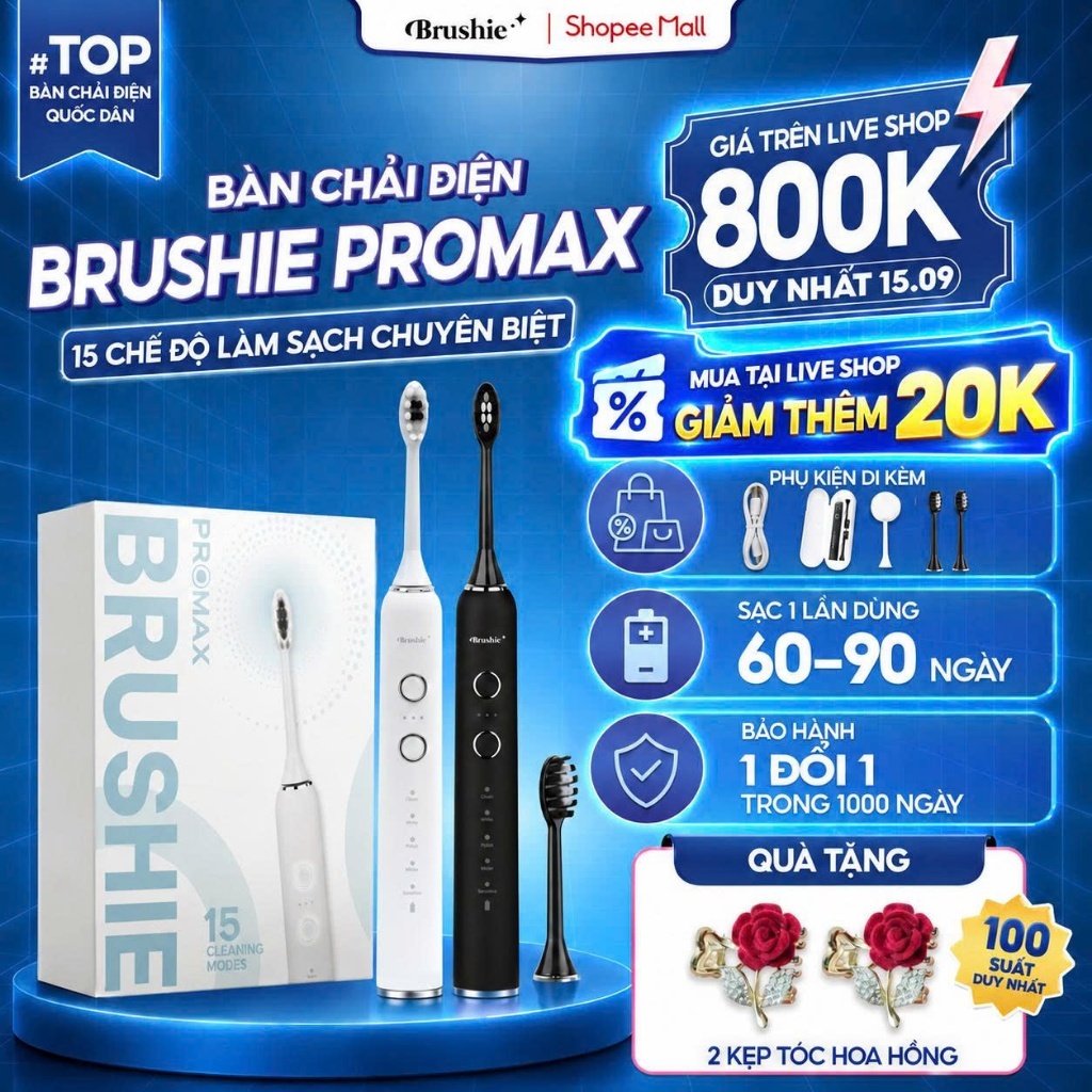 [GIÁ 631K LIVE SHOP] Bàn Chải Điện Brushie Promax 15 Chế Độ Làm Sạch Phù Hợp Cả Cho Răng Nướu Nhạy Cảm, Niềng răng, LIS