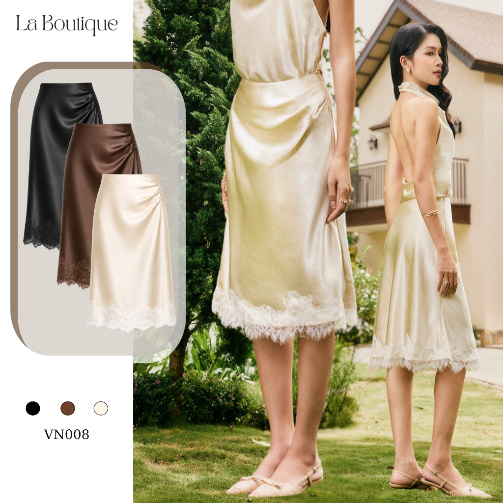[MUA 2 GIẢM 20%] LA BOUTIQUE Chân váy lụa dáng lửng, chân váy midi nhún eo phối ren lai váy VN008