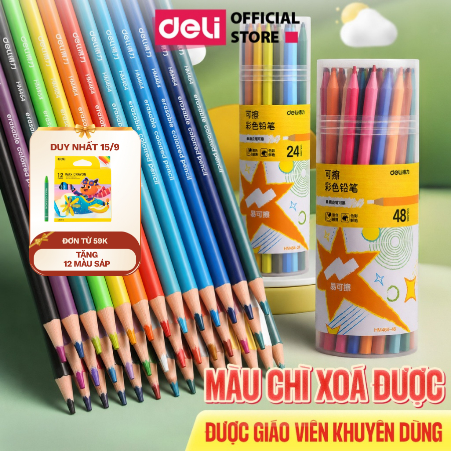 Bút Chì Màu Xóa Được Deli Bút Chì Màu Cao Cấp Dạng Cốc 12/24/36/48 Màu Không Dễ Gãy Dễ Gọt Màu Sắc Tươi Sáng