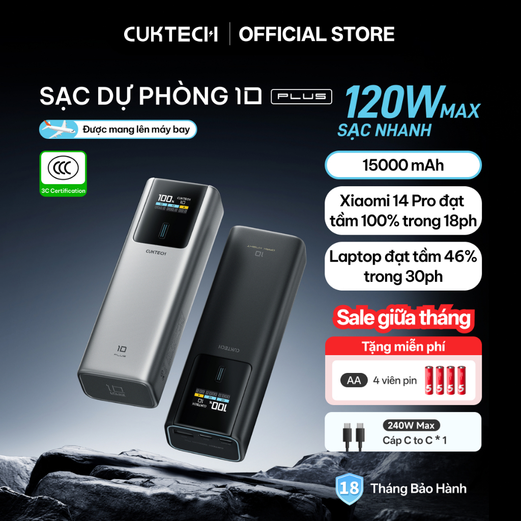 【Được chứng nhận CCC】CUKTECH Sạc Nhanh 120W 15000mAh – Hỗ Trợ Xiaomi 120W Laptop70W Samsung 45W, iP 16/15/14