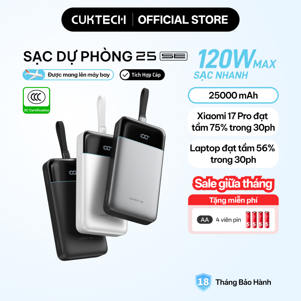 【Được chứng nhận CCC】CUKTECH 120W 25000mAh Sạc Nhanh Công Suất Cao Pin Dự Phòng – Hỗ Trợ Xiaomi 120W Laptop 100W——25 SE