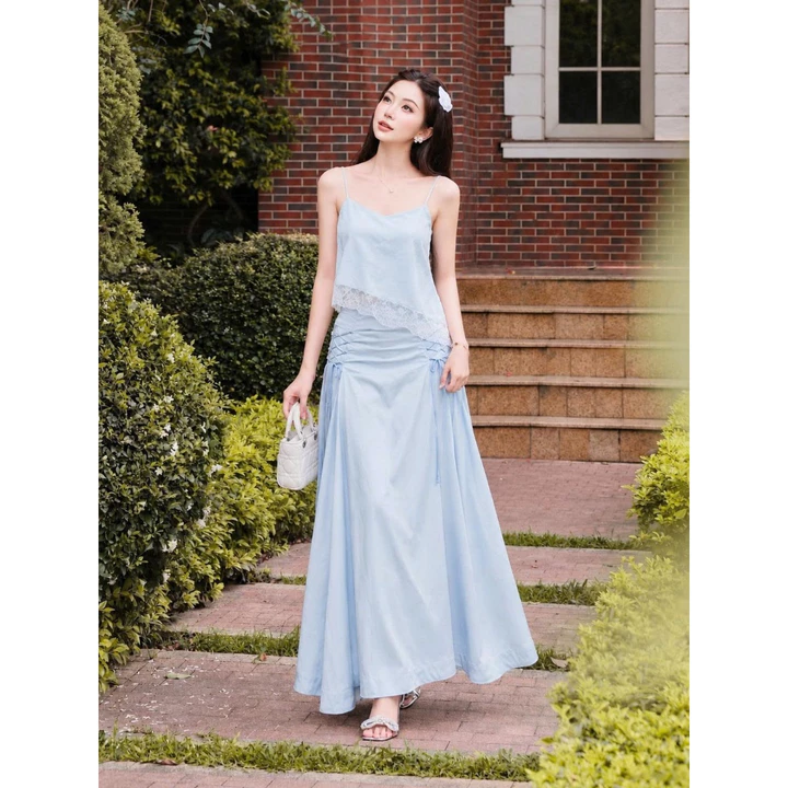 Set váy 2 dây nữ phối ren dây rút, set áo chân váy dài nữ dáng maxi chất rayon cotton đi biển YMY Y06KS09