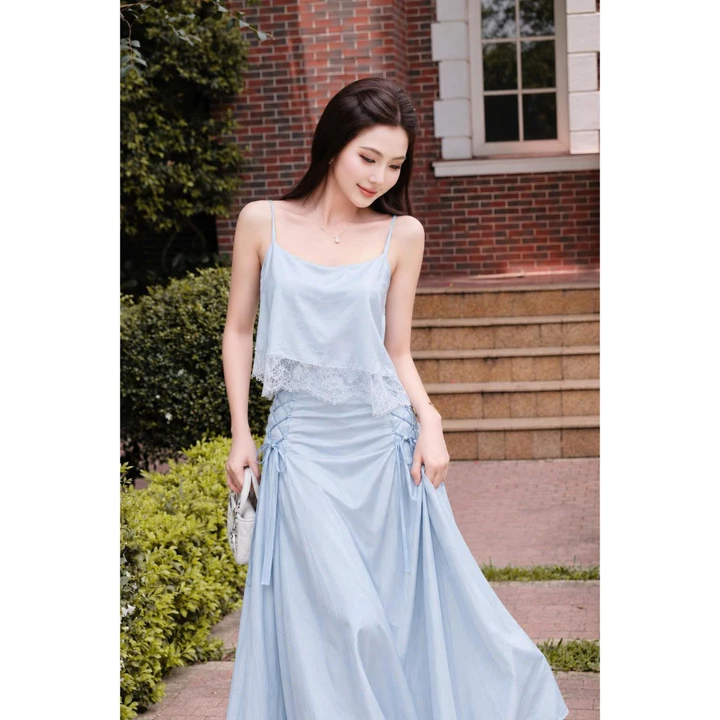 Set váy 2 dây nữ phối ren dây rút, set áo chân váy dài nữ dáng maxi chất rayon cotton đi biển YMY Y06KS09