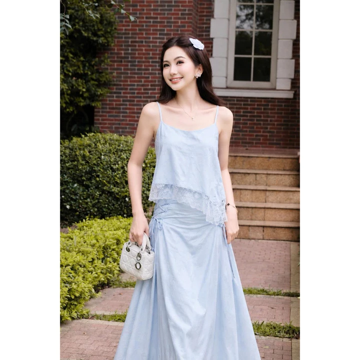 Set váy 2 dây nữ phối ren dây rút, set áo chân váy dài nữ dáng maxi chất rayon cotton đi biển YMY Y06KS09