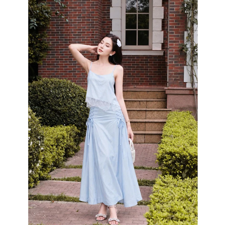 Set váy 2 dây nữ phối ren dây rút, set áo chân váy dài nữ dáng maxi chất rayon cotton đi biển YMY Y06KS09