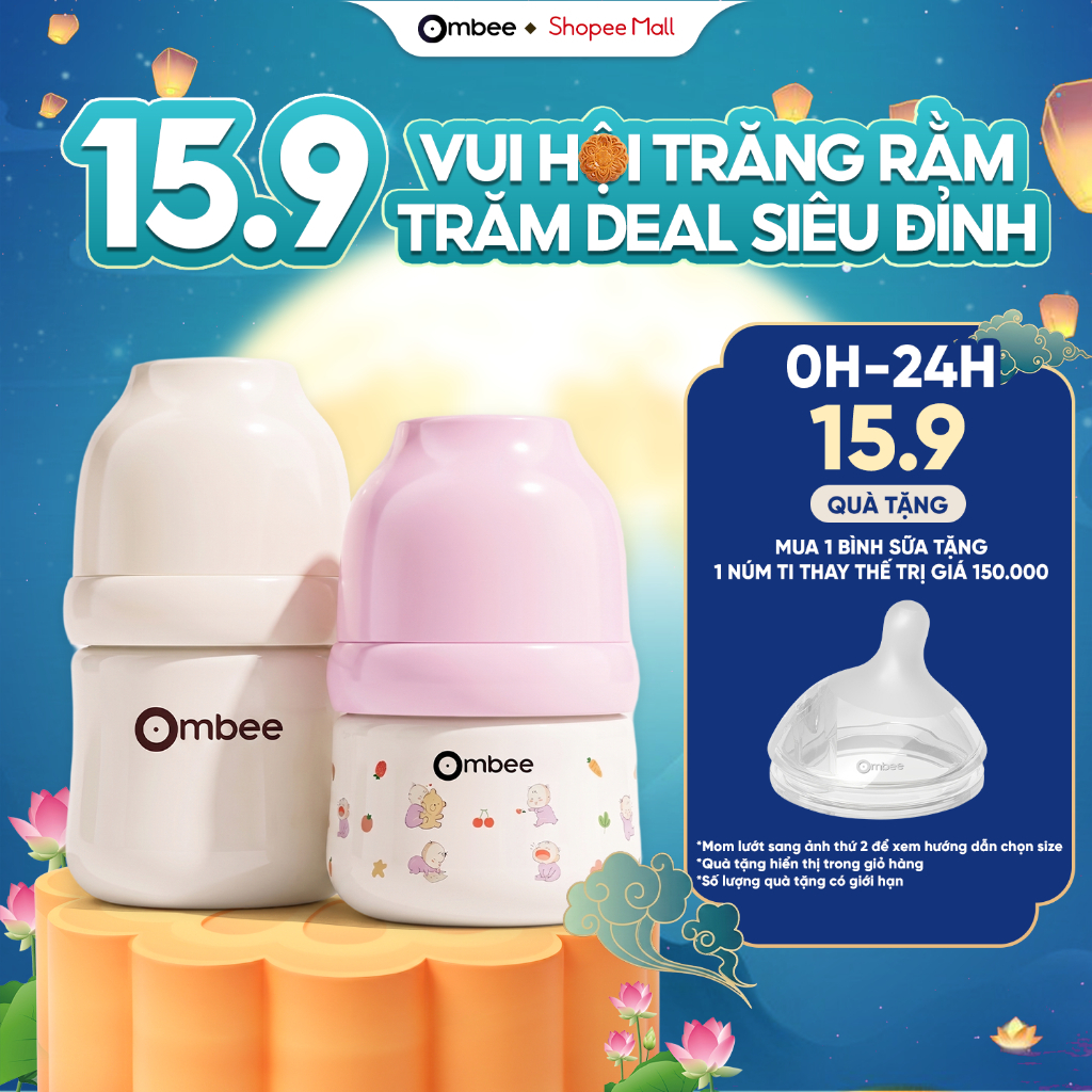 [DEAL GIỮA THÁNG-MUA 1 TẶNG 1] Bình Sữa Ombee Chất Liệu PPSU Cổ Rộng Chống Sặc Chống Đầy Hơi Núm Ti Mềm