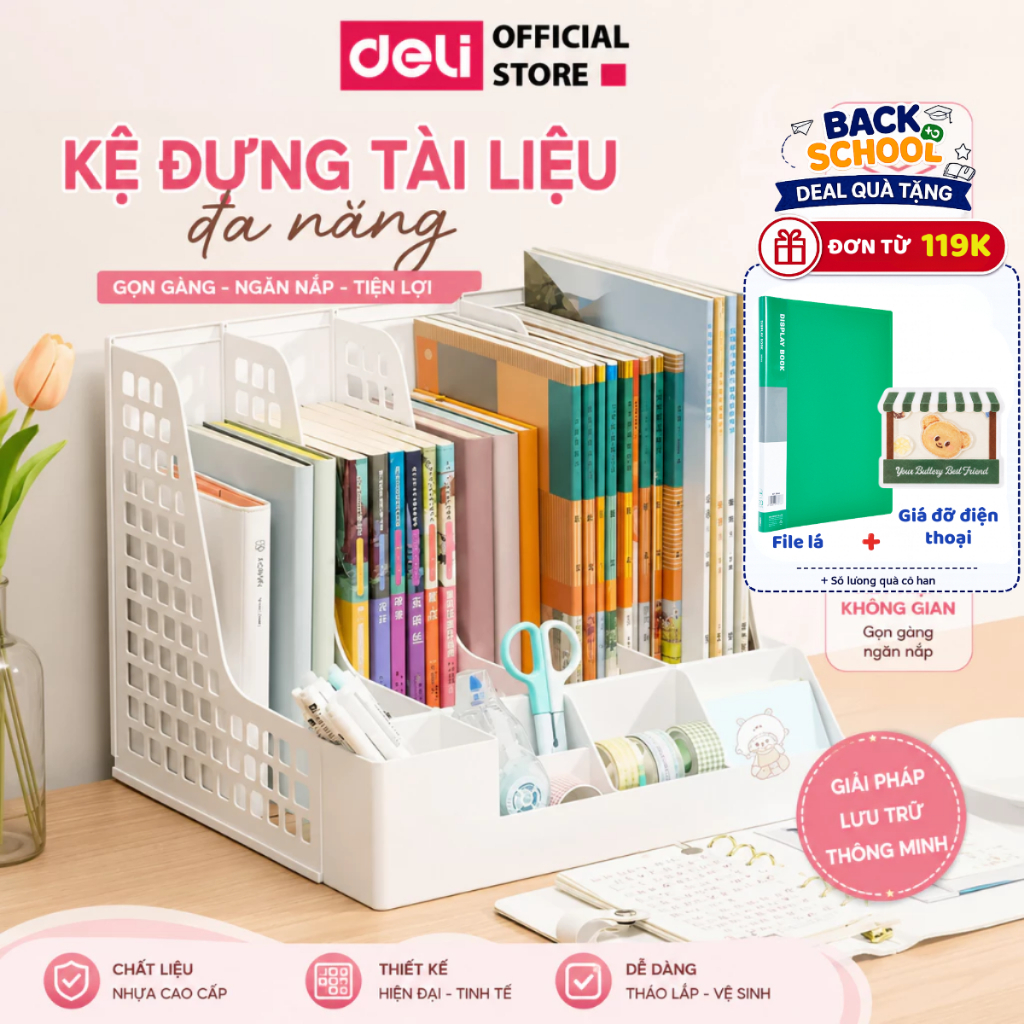 [🔥15/9 DEAL SỐC] Giá Kệ Đựng Tài Liệu Văn Phòng Deli 3/4 Ngăn Kèm Khay Đựng Bút Đựng Sách Vở Để Bàn