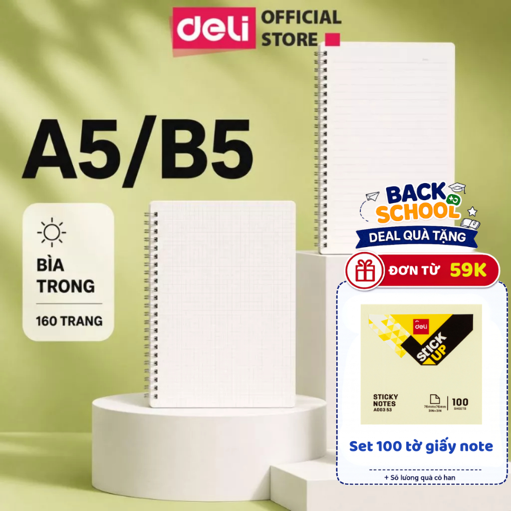 [🔥15/9 DEAL SÔC] Sổ lò xo kép A5 B5 Deli Sổ bìa trong 160 trang giấy kẻ ngang/ caro chống lóa Viết callipraphy