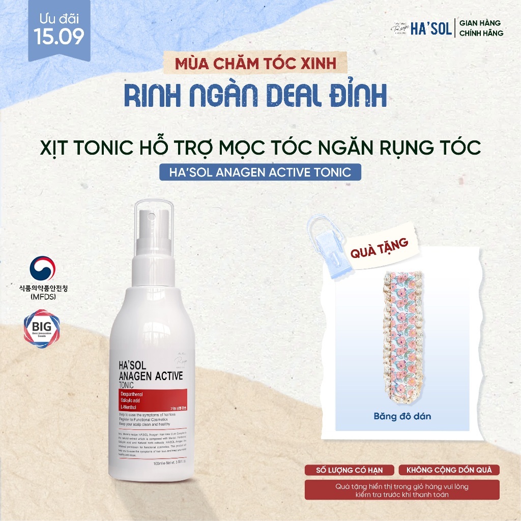 Xịt Tonic Hasol - Dưỡng Nang Tóc, Hỗ Trợ Mọc Tóc, Ngăn Rụng Dành Cho Tóc Rụng Mỏng Yếu Ha'sol Anagen Active Tonic 100ml