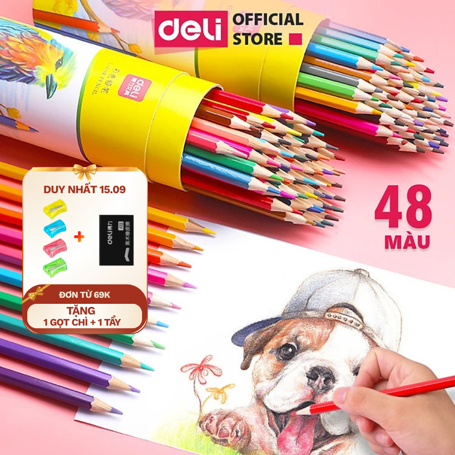 Bút Chì Màu Gốc Dầu Dạng Cốc/Lon Deli - 12/24/36/48 Màu Sắc Tươi Sáng Không Dễ Gãy Màu Chì Học Sinh Tô Vẽ