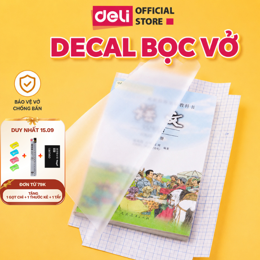 Decal Bọc Vở / SGK Trong Suốt Deli Combo 10 Tờ Chống Nước Chống Bụi Dễ Dán Phù Hợp Nhiều Kích Thước Sách Vở