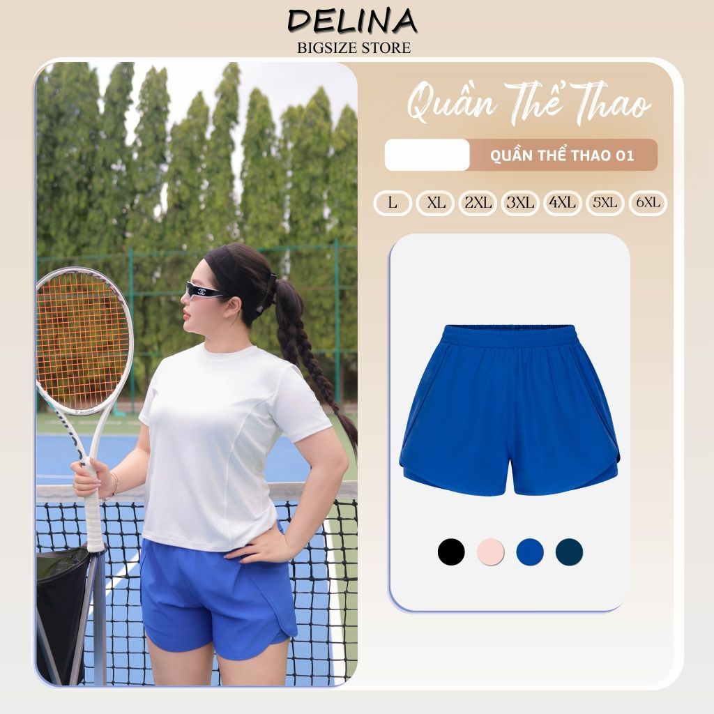 DELINA -  Quần short dù thể thao big size nữ 50-90kg 2 lớp, co giãn, thoáng khí tập gym, pickleball