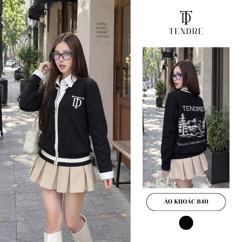 TENDRE - Áo Khoác Len Nữ Dệt Kim Phối Sọc, Áo Jacket Knit Zip Len Dài Tay Dáng Suông Thêu Logo Basic Dễ Phối Đồ B40
