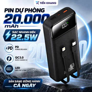 Sạc dự phòng HBT S20 20000mAh sạc nhanh 22.5W PD QC3.0 có 2 dây Type C Lightning, Pin dự phòng màn hình LED hiển thị pin