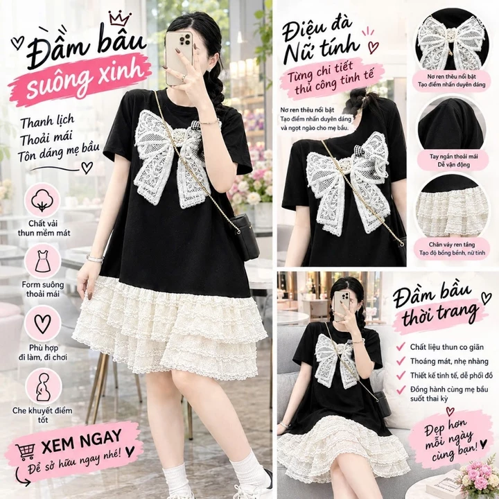 Đầm bầu suông. Đầm bầu mùa hè dáng suông đính nơ ngực điệu đà chất vải Cottong mềm mát thoải mái.