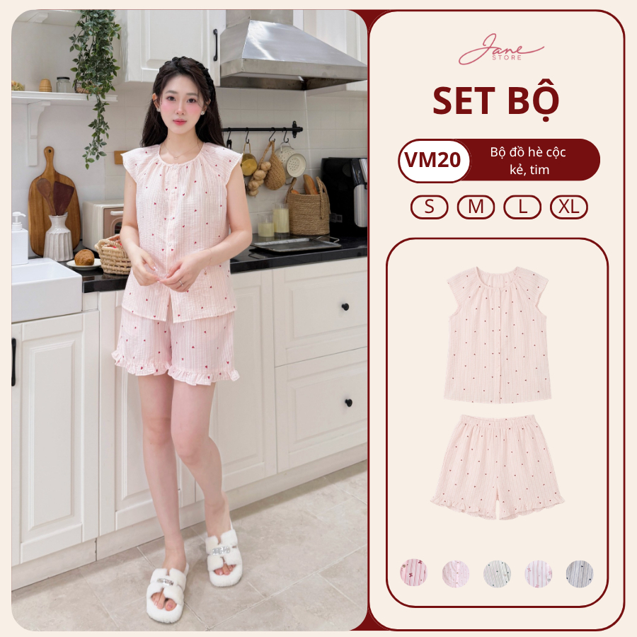 [JANE STORE] Set Bộ Đồ Mặc Nhà Nữ Hoạ Tiết Kẻ Phối Tim Chất Đũi Mền Mịn Mát VM20