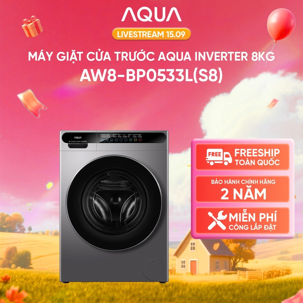 [DEAL XỊN THÁNG 9] Máy giặt cửa trước Aqua Inverter 8KG AW8-BP0533L(S8) - Freeship toàn quốc