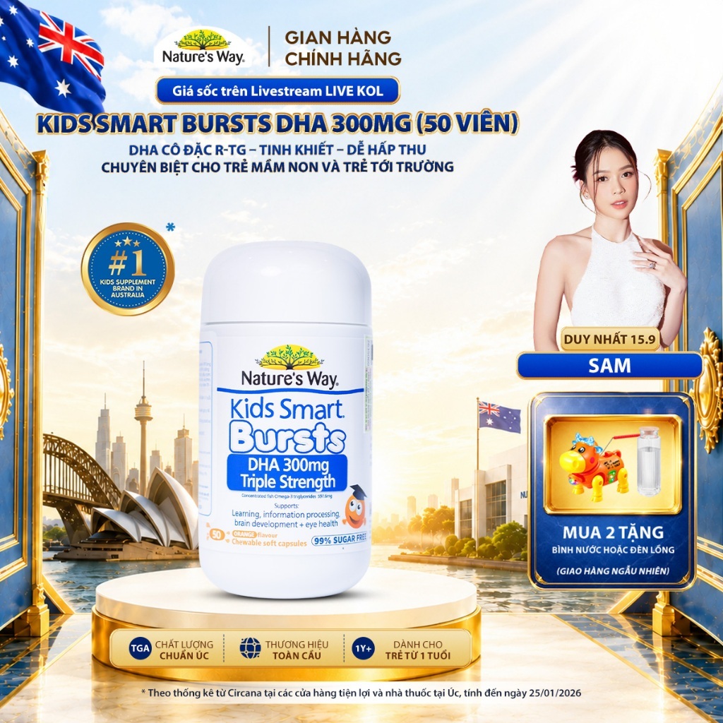 DHA 300mg Nature's Way Kids Smart Triple Strength Bổ Sung DHA Hàm Lượng Cao, Omega 3 RTG Cô Đặc Cho Bé 50 Viên