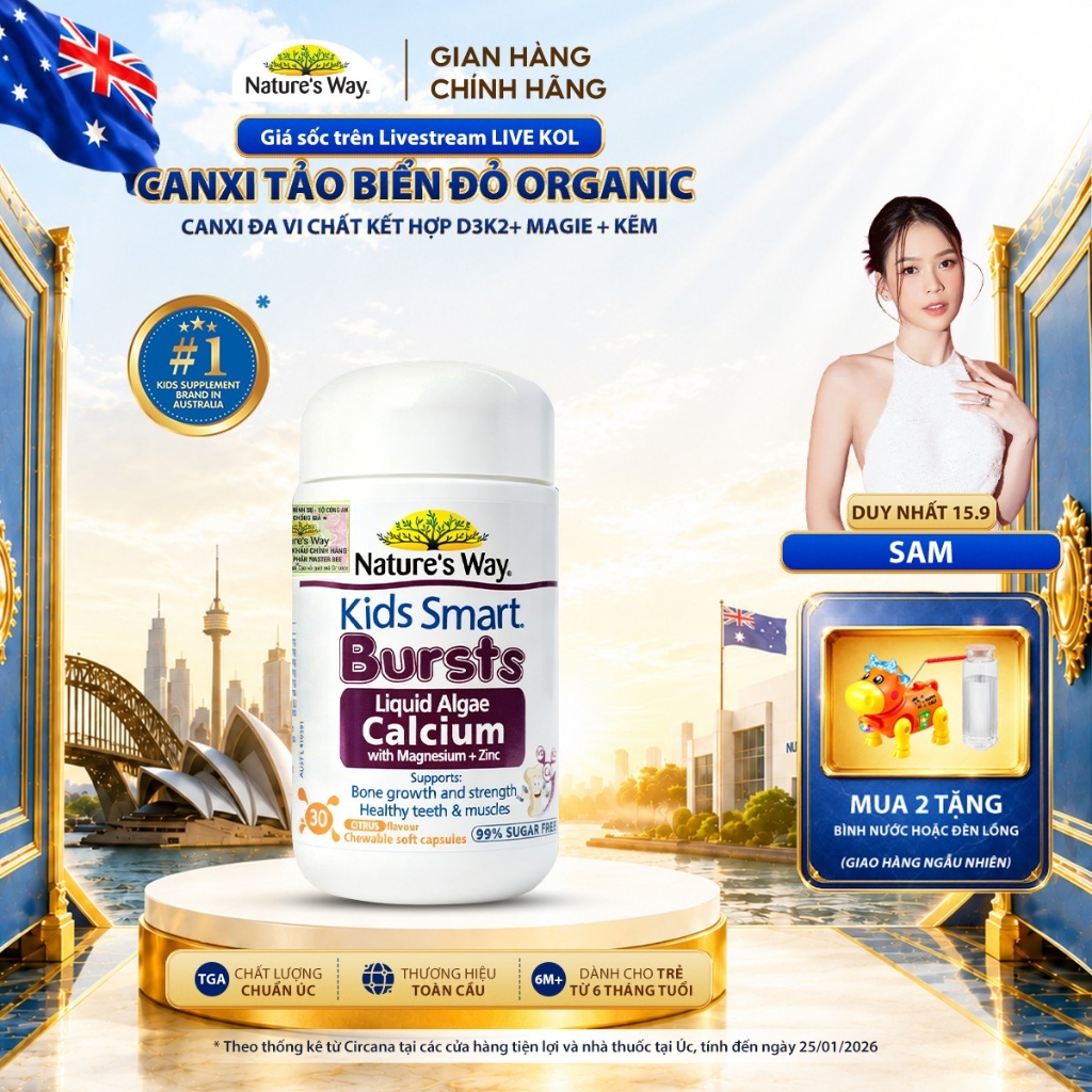 Viên Nhai Canxi Nature's Way Canxi Tảo Biển Đỏ Organic, Canxi đa vi chất Aquamin F Kết hợp D3K2, Magie, Kẽm Cho Bé 30v