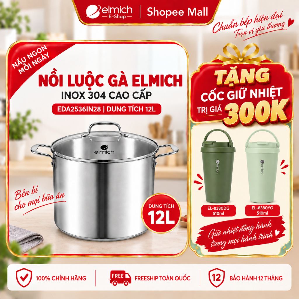 Nồi luộc gà elmich,herbarlife inox 304 2536IN28,EL2525IN nồi luộc gà cao cấp size 28-30cm đáy 5 lớp