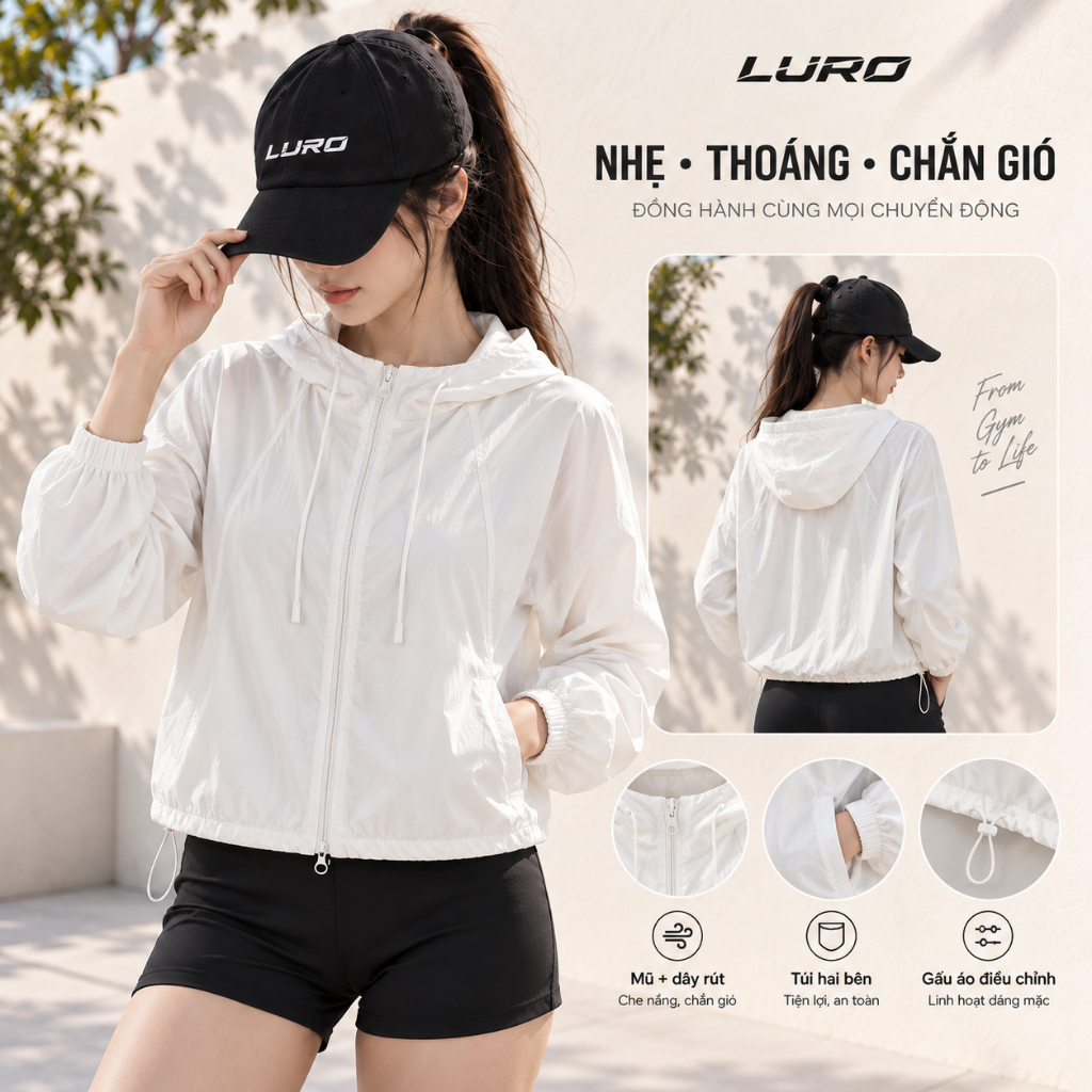 Áo Khoác Gió Nữ LURO 2 Lớp Lót Lưới Vải Gió Nhăn, Mũ Dây Rút, Nhẹ Thoáng Chắn Gió, Thể Thao Thu Đông